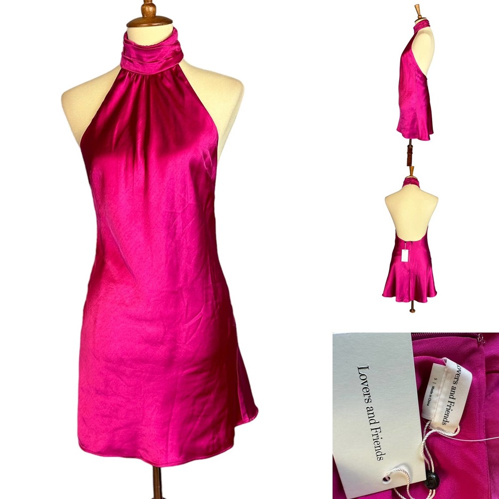 Lovers + Friends Barbie Pink Satin Halter Mini Slip Dress XS Backless Hayes NEW - Picture 8 of 9